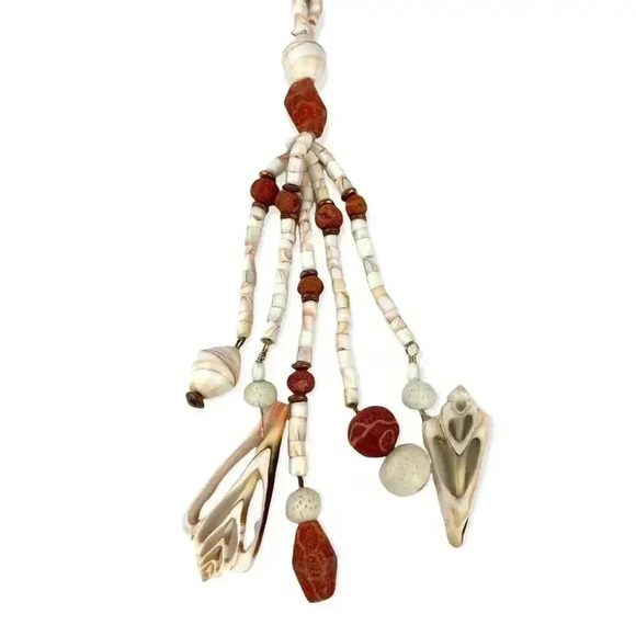 Natural Stone Seashell Beaded Necklace with Dangle Accent Long Wired Boho Style - Picture 2 of 12